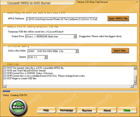 Screenshot of Cucusoft MPEG to DVD Burner